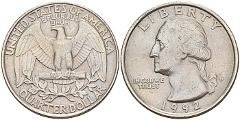 США 25 центов (квотер) 1992 P, Вашингтон KM 164a медь плакированная медно-никелем 190-414