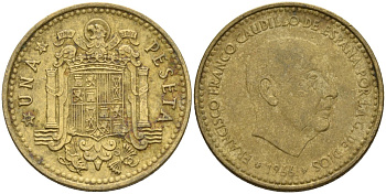 Испания 1 песета 1966 (69) Франсиско Франко (1939-1975) KM 796 алюминиевая бронза 4604-347