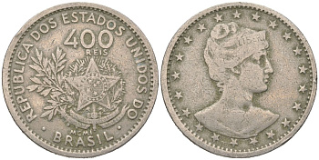 Бразилия 400 реалов 1901 MCMI, голова свободы вправо KM 505 медно-никель 4612-425