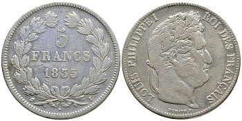 Франция 5 франков 1835 I, Луи Филипп I (1830-1848) KM 749.6 серебро 1066-6-22