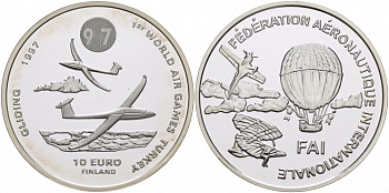 Финляндия 10 евро 1997 FIO, Международная федерация аэронавтики, первые воздушные игры серебро PROOF 11-152-24