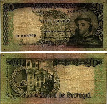 Португалия 20 эскудо 1964 Антоний Падуанский Pick 167 b бумага 7222-64-3
