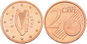 ИРЛАНДИЯ 2 ЕВРОЦЕНТА 2005 KM 33 сталь плакированная медью UNC 214-247