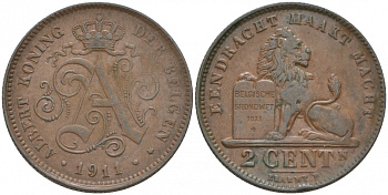 БЕЛЬГИЯ 2 САНТИМА 1911 BELGEN, LARGE DATE KM 65 медь 68-725