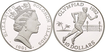 Соломоновы острова 10 долларов 1991 XXV Олимпийские игры 1992 года в Барселоне, бег KM 48 серебро PROOF 1081-8-34