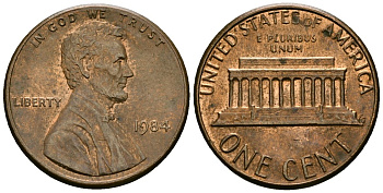 США 1 цент 1984 Линкольн KM 201b цинк плакированный медью 4136-245