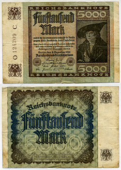 ГЕРМАНИЯ 5000 МАРОК 1922 2 ДЕКАБРЯ 1922, ВОДЯНОЙ ЗНАК Е, В ЗВЁЗДАХ G/D, ДЮРЕР Pick 81а бумага 3295-97-1