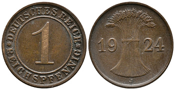 ГЕРМАНИЯ 1 РЕЙХСПФЕННИГ 1924 J KM 37, J. 313 бронза 39-842