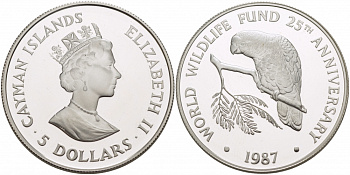 Каймановы острова 5 долларов 1987 серия 25 лет защиты окружающей среды, попугай, Cuban Amzon KM 95 серебро PROOF 1068-6-11