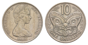 Новая Зеландия 10 центов 1967 Елизавета II (1952-2022), маска маори KM 35 медно-никель 4657-124
