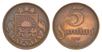 Латвия 5 сантимов 1922  KM 3 бронза    4658-1158