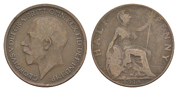 Великобритания 1/2 пенни 1918 Георг V (1910-1936) KM 809, Spink 4056 бронза 4538-113