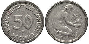 ФРГ 50 пфеннигов 1949 J KM 104, Jager 379 медно-никель 4547-734