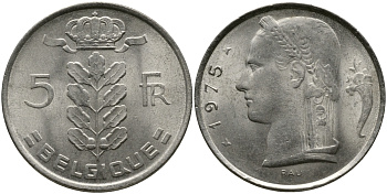 БЕЛЬГИЯ 5 ФРАНКОВ 1975 BELGIQUE KM 134.1 медно-никель 98-647