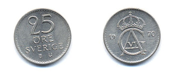 Швеция 25 эре 1970 Густав VI Адольф (1950-1973) KM 836 медно-никель 51-5234