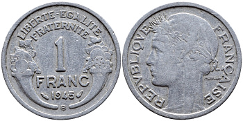ФРАНЦИЯ 1 ФРАНК 1945 B KM 885a.2 алюминий 4393-1135