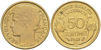 ФРАНЦИЯ 50 САНТИМОВ 1941 ТИП MORLON KM 894.1, LE FRANC 192.18 алюминиевая бронза 44-462
