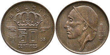 БЕЛЬГИЯ 50 САНТИМОВ 1953 BELGIE KM 145 бронза 100-461