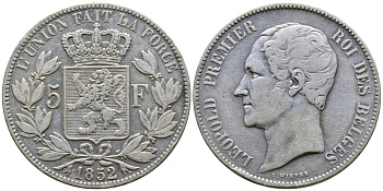 Бельгия 5 франков 1852 Леопольд I (1831-1865) KM 17 серебро 00-1067-5-42