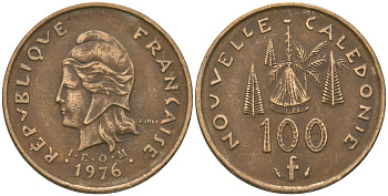 Французская Новая Каледония 100 франков 1976 хижина среди сосен и пальм, (IEOM) KM 15, Schoen 16, Lec 130 никель бронза 88-244