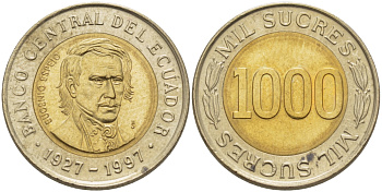 ЭКВАДОР 1000 СУКРЕ 1997 ЭУХЕНИО ЭСПЕХО, 70 ЛЕТ ЦЕНТРАЛЬНОМУ БАНКУ KM 103 биметалл 31-445
