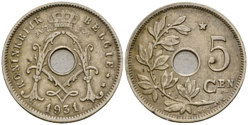 Бельгия 5 сантимов 1931 Belgique KM 66 медно-никель 4551-813