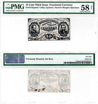 США, Fractional Currency 15 центов ND (1863) Образец аверса. Узкие поля. Третий выпуск. В холдере компании PMG. Сохранность - «58 NET». Улисс Грант, Уильям Текумсе Шерман Friedberg № 1273-SP. Pick NL бумага 452-3-59