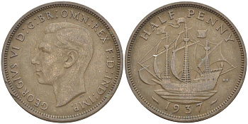 Великобритания 1/2 пенни 1937 Георг VI (1936-1952) KM 844, Spink 4115 бронза 4514-1245