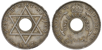 Британская Западная Африка 1/2 пенни 1947 KN, Георг VI KM 18 медно-никель 25-1312