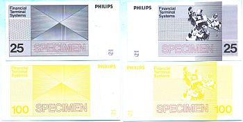 НИДЕРЛАНДЫ НАБОР ИЗ 2 БАНКНОТ ND (25, 100) PHILIPS, FINANCIAL TERMINAL SYSTEMS, SPECIMEN бумага UNC (ПРЕСС) 7146-62-3-2