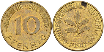 ФРГ 10 пфеннигов 1990 F KM 108, J. 383 сталь плакированная латунью 4171-821