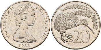Новая Зеландия 20 центов 1982 Елизавета II (1952-2022), птичка киви KM 36.1 медно-никель  4599-1045