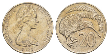 Новая Зеландия 20 центов 1972 Елизавета II (1952-2022), птичка киви KM 36 медно-никель 4680-943