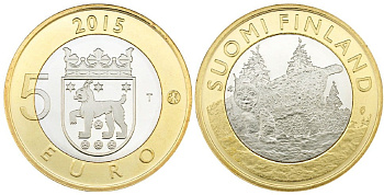 Финляндия 5 евро 2015 животный мир регионов Финляндии, рысь в Тавастии KM 241 биметалл UNC M16-05