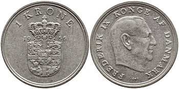 ДАНИЯ 1 КРОНА 1966 C; S, ФРЕДЕРИК IX (1947-1972) KM 851.1 медно-никель 4398-1022