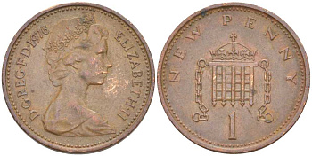 Великобритания 1 пенни 1976 Елизавета II (1952-2022) KM 915, Spink 4237 (B1) бронза 175-611