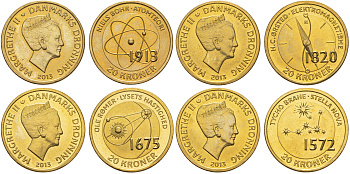 Дания полный набор из 4 монет (20 крон) 2013 Датские ученые - Нильс Бор, Ханс Кристиан Эрстед, Оле Кристенсен Рёмер и Тихо Браге KM 956, 958, 960 и 962 алюминиевая бронза UNC M69-08