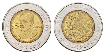 Мексика 5 песо 2008 Столетие революции - Хосе Васконселос KM 897 биметалл UNC 216-1133
