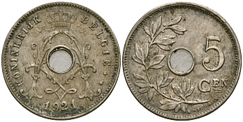 Бельгия 5 сантимов 1921 Belgie KM 67 медно-никель 4136-516