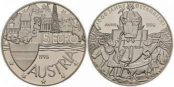Австрия 5 евро 1996 1000 лет Австрии медно-никель PROOF 11-177-45