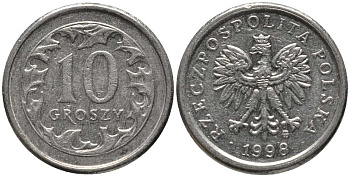 Польша 10 грошей 1998 MW KM 279, Parchimowicz 704e медно-никель 201-441