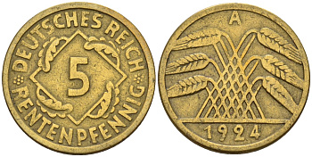 Германия 5 рентенпфеннигов 1924 A KM 32, J. 308 алюминиевая бронза 4151-657