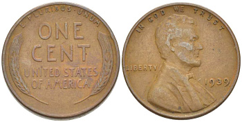 США 1 ЦЕНТ 1939 ЛИНКОЛЬН KM 132 бронза 3309-441