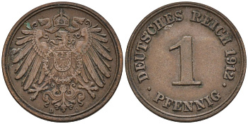 Германия 1 пфенниг 1912 D KM 10, J. 10 медь 4576-245