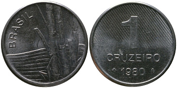 Бразилия 1 крузейро 1980 KM 590, Schon 99 нержавеющая сталь aUNC 4567-1012