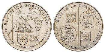 Португалия 200 эскудо 1994 500 лет с момента заключения Тордесильясского договора KM 671 медно-никель UNC 1101-4-62