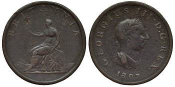 Великобритания 1/2 пенни 1807 Георг III (1760-1820) KM 662, Spink 3781 медь 189-122