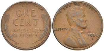 США 1 ЦЕНТ 1958 D, ЛИНКОЛЬН KM А132 медь цинк 3309-1227