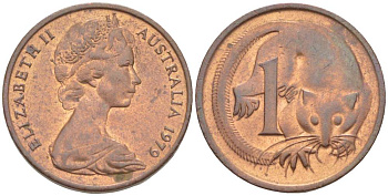 АВСТРАЛИЯ 1 ЦЕНТ 1979 ЕЛИЗАВЕТА II (1952-) МОЛОДОЙ ПОРТРЕТ, ОПОССУМ KM 62 бронза 4516-637