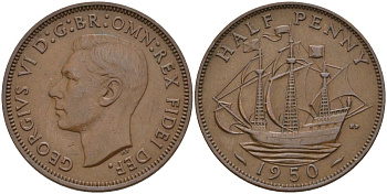 Великобритания 1/2 пенни 1950 Георг VI (1936-1952) KM 868, Spink 4118 бронза 4153-835